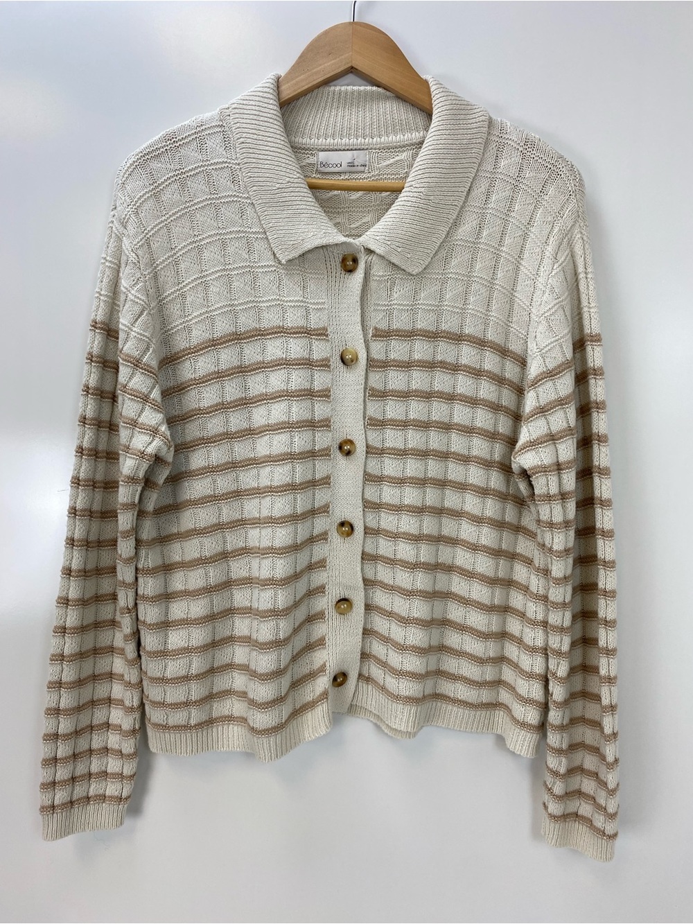 BE COOL Cream & Tan Striped Button-Up Cardigan
